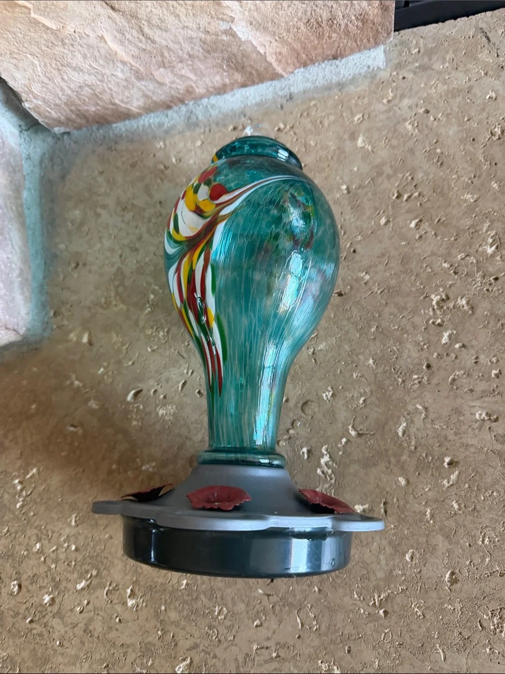 Hand-Blown Teal Glass Hummingbird Feeder with Multicolor Swirl